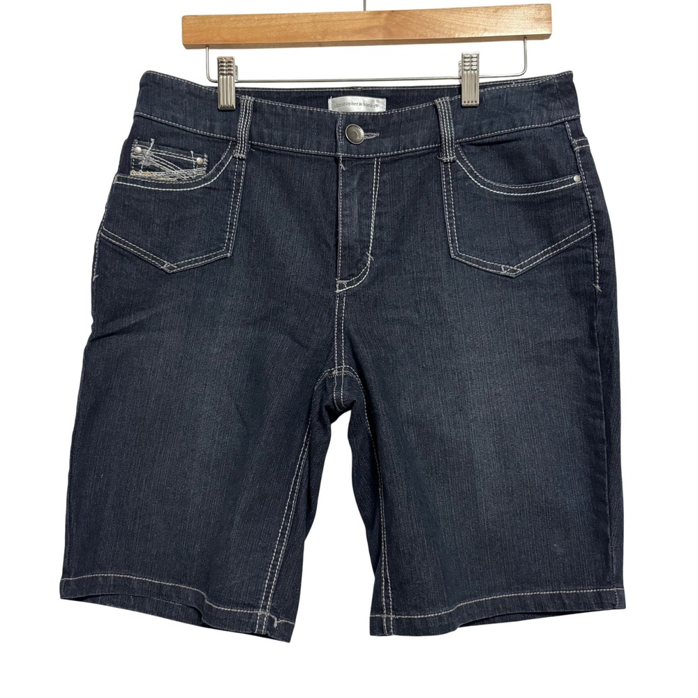 Christopher & Banks Denim Short Dark Wash Embroidered Back Pockets Stretch Sz 10